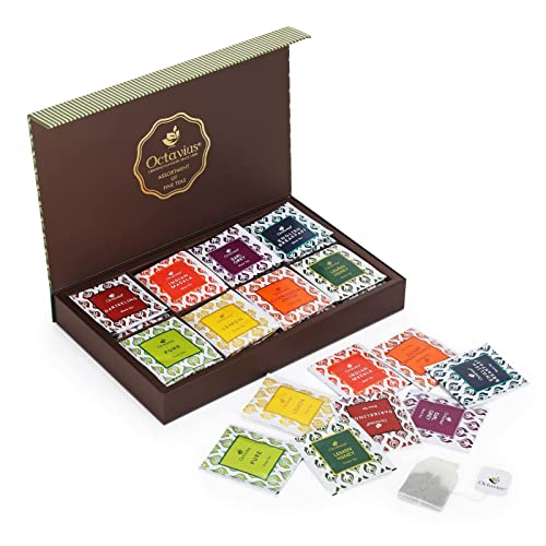 Octavius Assorted Tea Gift Pack -48 Tea Bags | 8 Assorted Black & Green Tea | Cinnamon Anise, Pure Green, Lemon, Honey Lemon, English Breakfast, Darjeeling, Indian Masala, Earl Grey | Diwali Gift Box