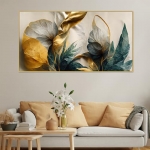 Dekorstation Canvas Floral Painting For Bedroom Living Room Wall Decoration Abstract Elegant Golden Flower Floating Frame Wall Paintings For Home And Office Décor Size : 24X48 Inches