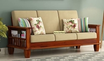 Home Furniture Wooden 3 Seater Sofa Set For Living Room And Office (Cream Colour Cushion,Teak Finish) 3-Person Sofa