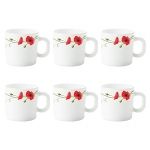 Larah By Borosil Red Carnation Opalware Mug Set (White) – 6 Pieces, 180 Milliliter – 180 Ml