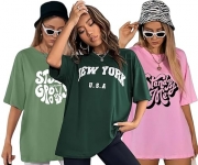 London Hills Cotton Blend Half Sleeve Women Oversized T-Shirts Multicolor Pack Of 3 Light Green, Dark Green, Pink