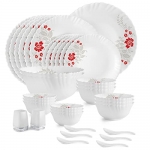 Cello Opalware Dazzle Series Scarlet Bliss Dinner Set, 35 Units | Opal Glass Dinner Set For 6 | Light-Weight, Daily Use Crockery Set For Dining | White Plate And Bowl Set