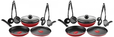 Pigeon By Stovekraft Mio Nonstick Aluminium Cookware Gift Set, Includes Nonstick Flat Tawa, Nonstick Fry Pan, Kitchen Tool Set, Kadai With Glass Lid, 8 Pieces Non-Induction Base Kitchen Set – Red