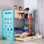 Smartsters Climbr Bunk Bed For Kids With Trundle & Ladder | Double Decker | Engineered Wood | Teal Blue | 72X81X38 Inches | Ergonomic Climbing Wall | Extra Bed Or Storage