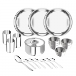 Lifelong Dinner Set Of 21 Pcs | Stainless Steel | 3 Full Dinner Plates| 3 Glasses| 6 Vegetable Bowl| 6 Dinner Spoons| 1 Serving Spoon |1 Serving Bowl With Lid (Lldinset21, Silver)