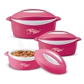 Milton Delight Jr. Inner Stainless Steel Serving Casserole Gift Set Of 3 (520 Ml, 820 Ml, 1.3 Litres), Pu Insulated Kitchen Hot Pot, Keeps Food Hot & Fresh For Roti, Biryani, Pink