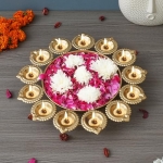 Ecraftindia Golden Metal Handcrafted Flower Decorative Urli With 13 Diyas – Urli Bowl For Home Decor – Diya Urli For Floating Flowers & Tea Light Candles – Diwali Decoration Items For Home Decor